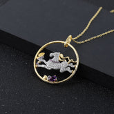 Animal Element Design Inlaid Natural Amethyst Horse Circle Pendant Silver Necklace for Women